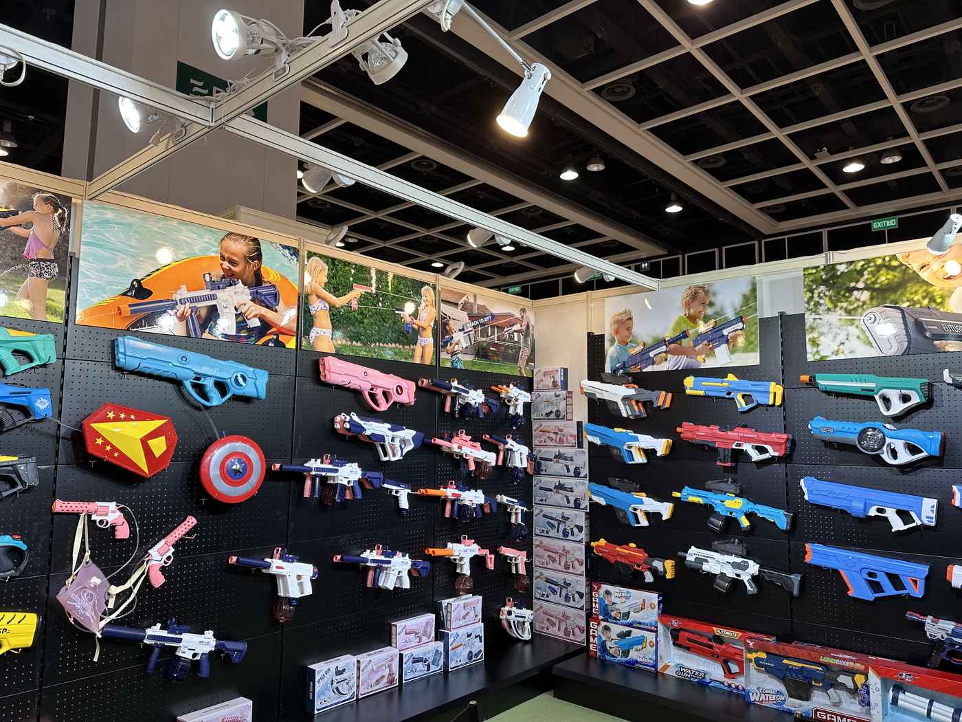 Toy assortment on an exhibition display wall
